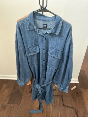 GAP Blue Denim Mini Dress with Waist Tie - XL Tall